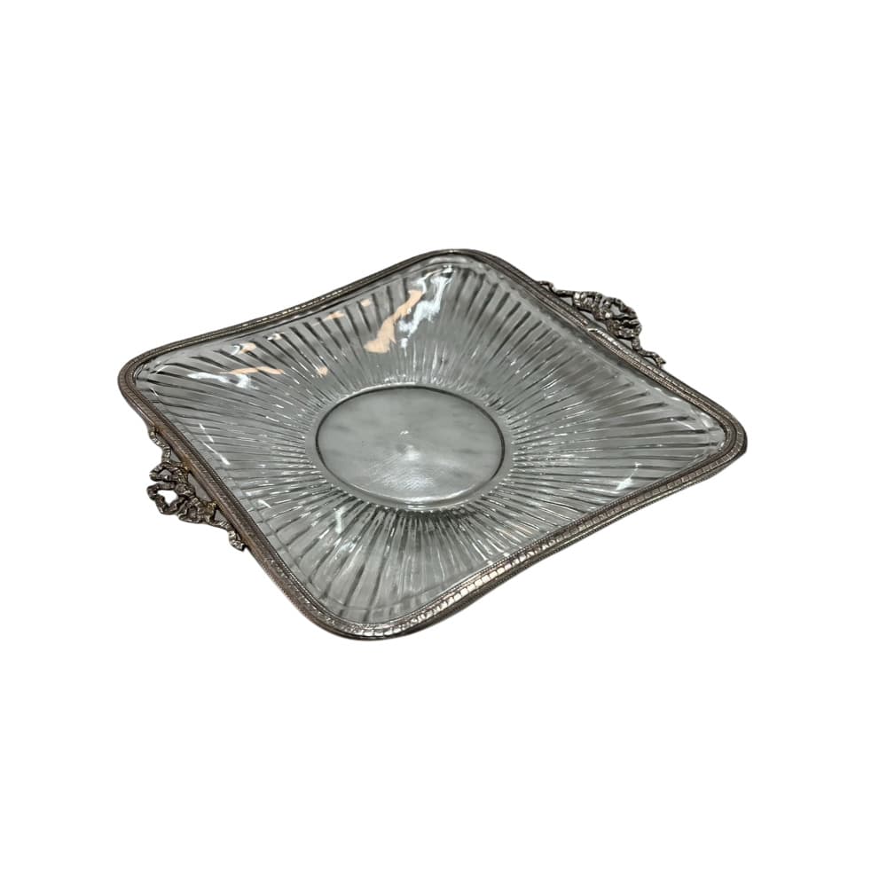 จานแก้ว รุ่นเหลี่ยมมีหู ขอบโลหะ